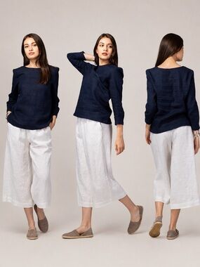 S.Oliver White Midi Linen Wide Leg Pants, elastic waistband Sz. 40 US L ( 12 )